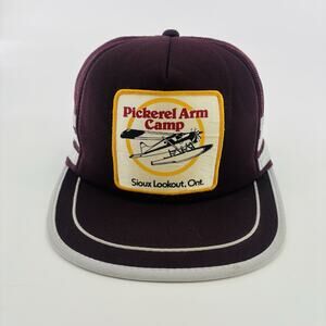Vtg Trucker Hat Cap SnapBack 3 Stripe Pickerel Arm Camp Sioux Lookout Fishing